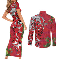 Personalised New Zealand Koru Pohutukawa Couples Matching Short Sleeve Bodycon Dress and Long Sleeve Button Shirt Meri Kirihimete Aroha for Christmas - Polynesian Pride