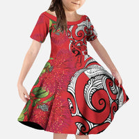 Personalised New Zealand Koru Pohutukawa Family Matching Off The Shoulder Long Sleeve Dress and Hawaiian Shirt Meri Kirihimete Aroha for Christmas - Polynesian Pride