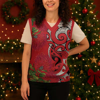 Personalised New Zealand Koru Pohutukawa Christmas Knitted V-Neck Vest Meri Kirihimete Aroha for Christmas - Polynesian Pride