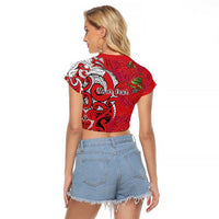 Personalised New Zealand Koru Pohutukawa Raglan Cropped T Shirt Meri Kirihimete Aroha for Christmas - Polynesian Pride