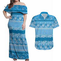 Hawaiian Hibiscus Honu Couples Matching Off Shoulder Maxi Dress and Hawaiian Shirt Blue Mele Kalikimaka Palaka Spirit - Polynesian Pride