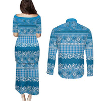 Hawaiian Hibiscus Honu Couples Matching Puletasi and Long Sleeve Button Shirt Blue Mele Kalikimaka Palaka Spirit LT9 - Polynesian Pride