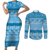 Hawaiian Hibiscus Honu Couples Matching Short Sleeve Bodycon Dress and Long Sleeve Button Shirt Blue Mele Kalikimaka Palaka Spirit - Polynesian Pride