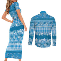 Hawaiian Hibiscus Honu Couples Matching Short Sleeve Bodycon Dress and Long Sleeve Button Shirt Blue Mele Kalikimaka Palaka Spirit - Polynesian Pride