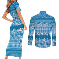 Hawaiian Hibiscus Honu Couples Matching Short Sleeve Bodycon Dress and Long Sleeve Button Shirt Blue Mele Kalikimaka Palaka Spirit - Polynesian Pride