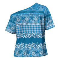 Hawaiian Hibiscus Honu Cross Shoulder Shirt Blue Mele Kalikimaka Palaka Spirit - Polynesian Pride