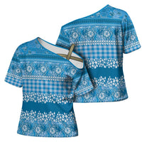 Hawaiian Hibiscus Honu Cross Shoulder Shirt Blue Mele Kalikimaka Palaka Spirit - Polynesian Pride