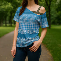 Hawaiian Hibiscus Honu Cross Shoulder Shirt Blue Mele Kalikimaka Palaka Spirit - Polynesian Pride