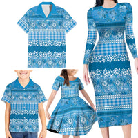 Hawaiian Hibiscus Honu Family Matching Long Sleeve Bodycon Dress and Hawaiian Shirt Blue Mele Kalikimaka Palaka Spirit LT9 - Polynesian Pride