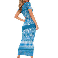 Hawaiian Hibiscus Honu Family Matching Short Sleeve Bodycon Dress and Hawaiian Shirt Blue Mele Kalikimaka Palaka Spirit LT9 - Polynesian Pride