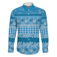 Hawaiian Hibiscus Honu Family Matching Tank Maxi Dress and Hawaiian Shirt Blue Mele Kalikimaka Palaka Spirit LT9 Dad's Shirt - Long Sleeve Blue - Polynesian Pride