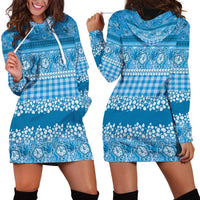 Hawaiian Hibiscus Honu Hoodie Dress Blue Mele Kalikimaka Palaka Spirit - Polynesian Pride