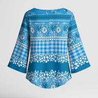 Hawaiian Hibiscus Honu Kimono Sleeve Blouse Blue Mele Kalikimaka Palaka Spirit - Polynesian Pride