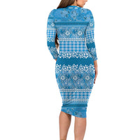 Hawaiian Hibiscus Honu Long Sleeve Bodycon Dress Blue Mele Kalikimaka Palaka Spirit - Polynesian Pride