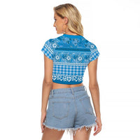 Hawaiian Hibiscus Honu Raglan Cropped T Shirt Blue Mele Kalikimaka Palaka Spirit LT9 - Polynesian Pride
