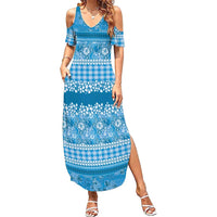 Hawaiian Hibiscus Honu Summer Maxi Dress Blue Mele Kalikimaka Palaka Spirit LT9 Women Blue - Polynesian Pride