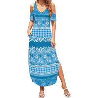 Hawaiian Hibiscus Honu Summer Maxi Dress Blue Mele Kalikimaka Palaka Spirit - Polynesian Pride