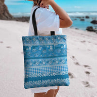 Hawaiian Hibiscus Honu Tote Bag Blue Mele Kalikimaka Palaka Spirit - Polynesian Pride
