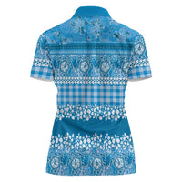 Hawaiian Hibiscus Honu Women Polo Shirt Blue Mele Kalikimaka Palaka Spirit LT9 - Polynesian Pride