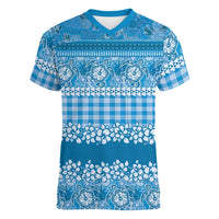 Hawaiian Hibiscus Honu Women V-Neck T-Shirt Blue Mele Kalikimaka Palaka Spirit - Polynesian Pride