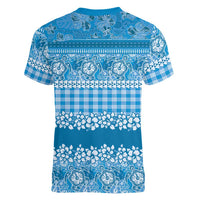 Hawaiian Hibiscus Honu Women V-Neck T-Shirt Blue Mele Kalikimaka Palaka Spirit - Polynesian Pride