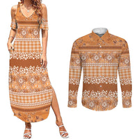 Hawaiian Hibiscus Honu Couples Matching Summer Maxi Dress and Long Sleeve Button Shirt Gold Mele Kalikimaka Palaka Spirit - Polynesian Pride