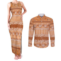 Hawaiian Hibiscus Honu Couples Matching Tank Maxi Dress and Long Sleeve Button Shirt Gold Mele Kalikimaka Palaka Spirit - Polynesian Pride