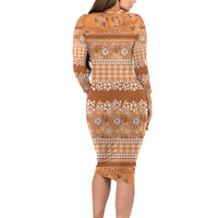 Hawaiian Hibiscus Honu Long Sleeve Bodycon Dress Gold Mele Kalikimaka Palaka Spirit - Polynesian Pride