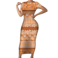 Hawaiian Hibiscus Honu Short Sleeve Bodycon Dress Gold Mele Kalikimaka Palaka Spirit LT9 Long Dress Gold - Polynesian Pride