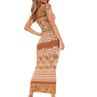 Hawaiian Hibiscus Honu Short Sleeve Bodycon Dress Gold Mele Kalikimaka Palaka Spirit LT9 - Polynesian Pride