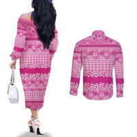 Hawaiian Hibiscus Honu Couples Matching Off The Shoulder Long Sleeve Dress and Long Sleeve Button Shirt Pink Mele Kalikimaka Palaka Spirit - Polynesian Pride