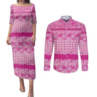 Hawaiian Hibiscus Honu Couples Matching Puletasi and Long Sleeve Button Shirt Pink Mele Kalikimaka Palaka Spirit LT9 Pink - Polynesian Pride