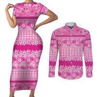 Hawaiian Hibiscus Honu Couples Matching Short Sleeve Bodycon Dress and Long Sleeve Button Shirt Pink Mele Kalikimaka Palaka Spirit LT9 Pink - Polynesian Pride