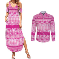 Hawaiian Hibiscus Honu Couples Matching Summer Maxi Dress and Long Sleeve Button Shirt Pink Mele Kalikimaka Palaka Spirit - Polynesian Pride