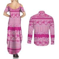 Hawaiian Hibiscus Honu Couples Matching Summer Maxi Dress and Long Sleeve Button Shirt Pink Mele Kalikimaka Palaka Spirit - Polynesian Pride