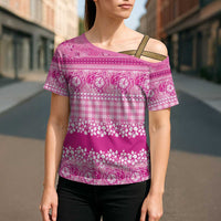 Hawaiian Hibiscus Honu Cross Shoulder Shirt Pink Mele Kalikimaka Palaka Spirit LT9 - Polynesian Pride