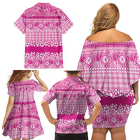 Hawaiian Hibiscus Honu Family Matching Off Shoulder Short Dress and Hawaiian Shirt Pink Mele Kalikimaka Palaka Spirit LT9 - Polynesian Pride