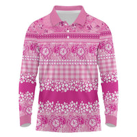 Hawaiian Hibiscus Honu Long Sleeve Polo Shirt Pink Mele Kalikimaka Palaka Spirit - Polynesian Pride