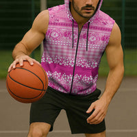 Hawaiian Hibiscus Honu Sleeveless Zip Hoodie Pink Mele Kalikimaka Palaka Spirit LT9 - Polynesian Pride