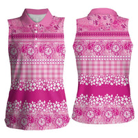 Hawaiian Hibiscus Honu Women Sleeveless Polo Shirt Pink Mele Kalikimaka Palaka Spirit - Polynesian Pride