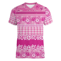 Hawaiian Hibiscus Honu Women V-Neck T-Shirt Pink Mele Kalikimaka Palaka Spirit - Polynesian Pride