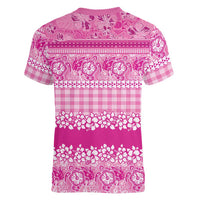Hawaiian Hibiscus Honu Women V-Neck T-Shirt Pink Mele Kalikimaka Palaka Spirit - Polynesian Pride