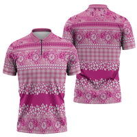 Hawaiian Hibiscus Honu Zipper Polo Shirt Pink Mele Kalikimaka Palaka Spirit LT9 - Polynesian Pride