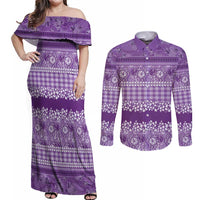 Hawaiian Hibiscus Honu Couples Matching Off Shoulder Maxi Dress and Long Sleeve Button Shirt Purple Mele Kalikimaka Palaka Spirit - Polynesian Pride