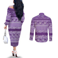 Hawaiian Hibiscus Honu Couples Matching Off The Shoulder Long Sleeve Dress and Long Sleeve Button Shirt Purple Mele Kalikimaka Palaka Spirit - Polynesian Pride