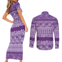 Hawaiian Hibiscus Honu Couples Matching Short Sleeve Bodycon Dress and Long Sleeve Button Shirt Purple Mele Kalikimaka Palaka Spirit LT9 - Polynesian Pride