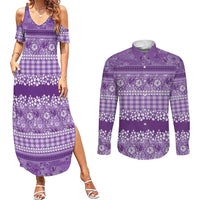 Hawaiian Hibiscus Honu Couples Matching Summer Maxi Dress and Long Sleeve Button Shirt Purple Mele Kalikimaka Palaka Spirit - Polynesian Pride