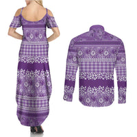 Hawaiian Hibiscus Honu Couples Matching Summer Maxi Dress and Long Sleeve Button Shirt Purple Mele Kalikimaka Palaka Spirit - Polynesian Pride