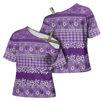 Hawaiian Hibiscus Honu Cross Shoulder Shirt Purple Mele Kalikimaka Palaka Spirit LT9 - Polynesian Pride