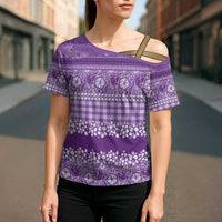 Hawaiian Hibiscus Honu Cross Shoulder Shirt Purple Mele Kalikimaka Palaka Spirit LT9 - Polynesian Pride